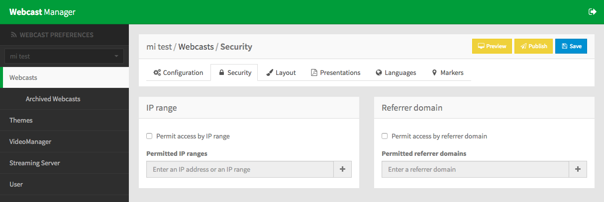 Security Tab in WebcastManager